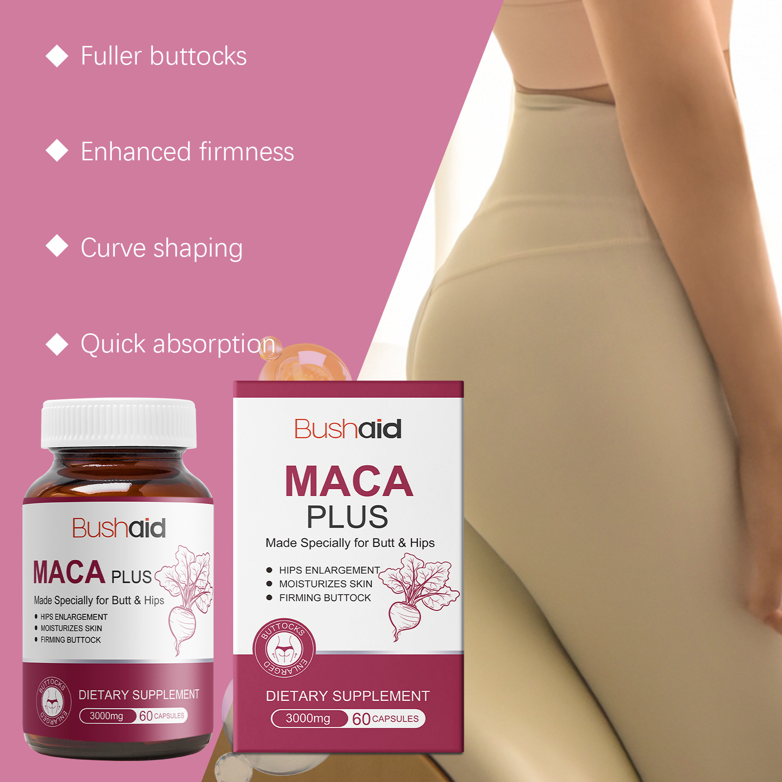 BushAid Maca Butt Capsule Gentle Ingredients Daily Moisturizing And Firming Body Skin Butt Care Capsules - Image 3
