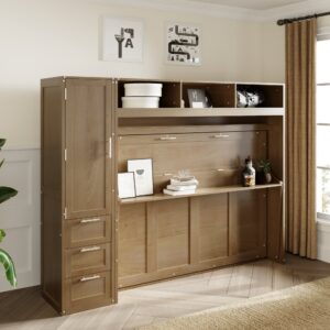 Alternative view of Full Size Murphy Bed with Wardrobe, Drawers and Open Shelves, Antique Grey