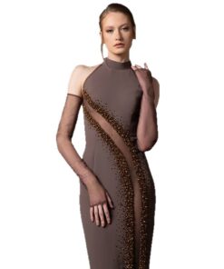 Mesh splicing perspective nail bead long dress