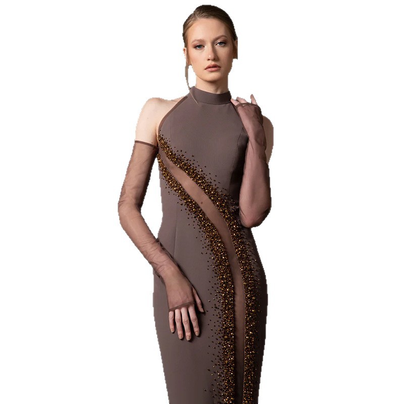 Mesh splicing perspective nail bead long dress