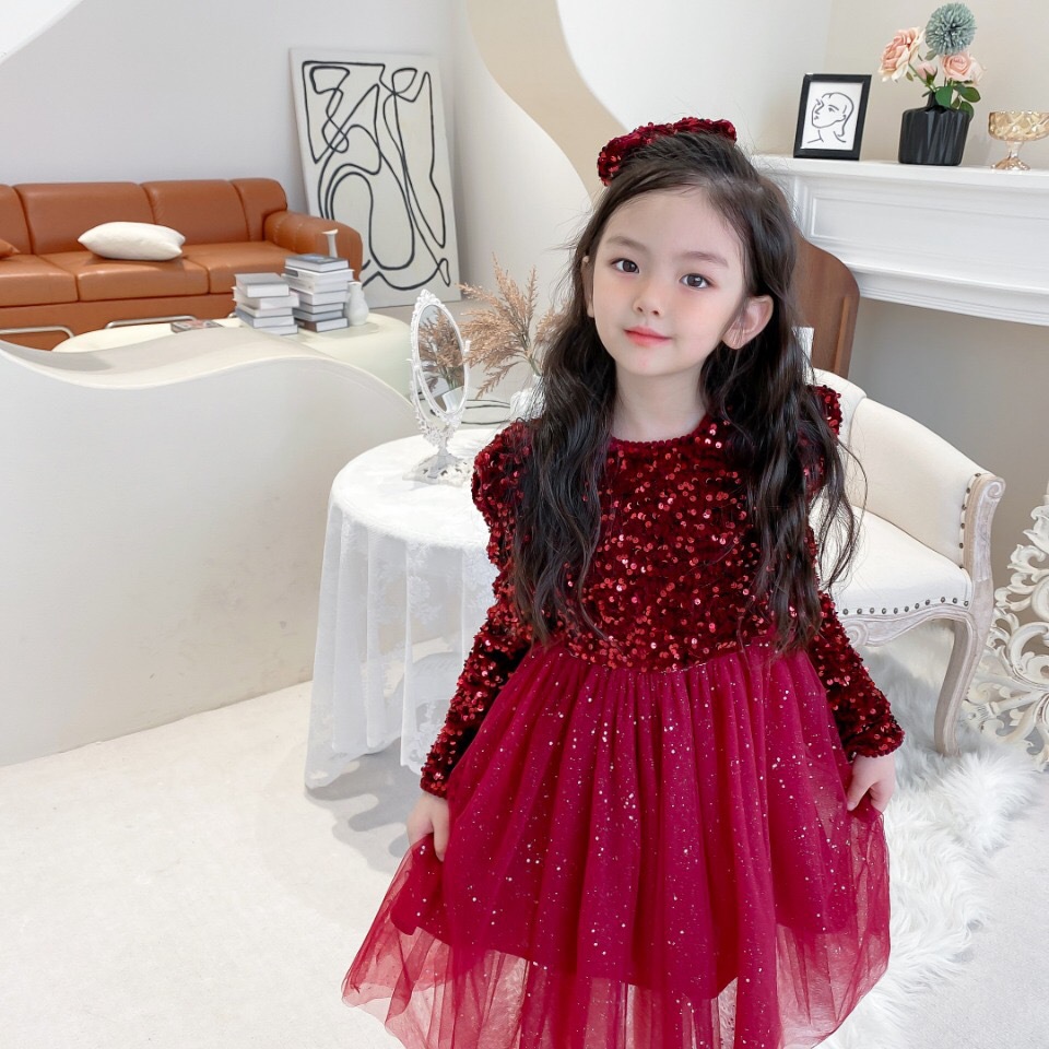 Free Hair Accessories Plush Sequin Dress Girl's Long Sleeve Puffy Dress Fairy Princess Dress - Image 4