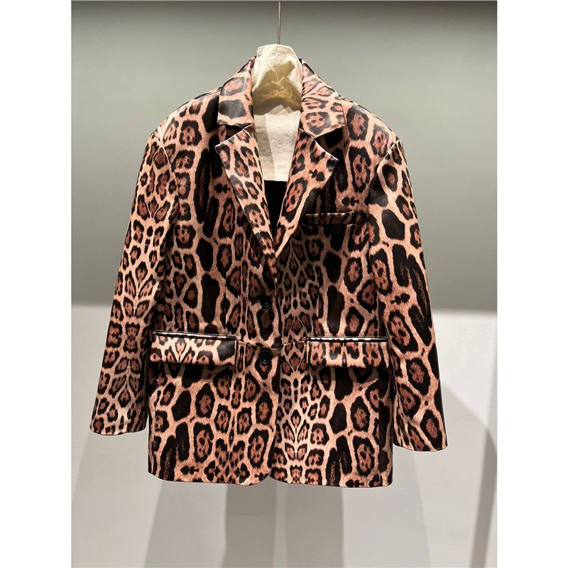 Explosive leopard print fashion genuine leather sheepskin high-end feeling slim fit suit design sense loose and versatile top - Image 2