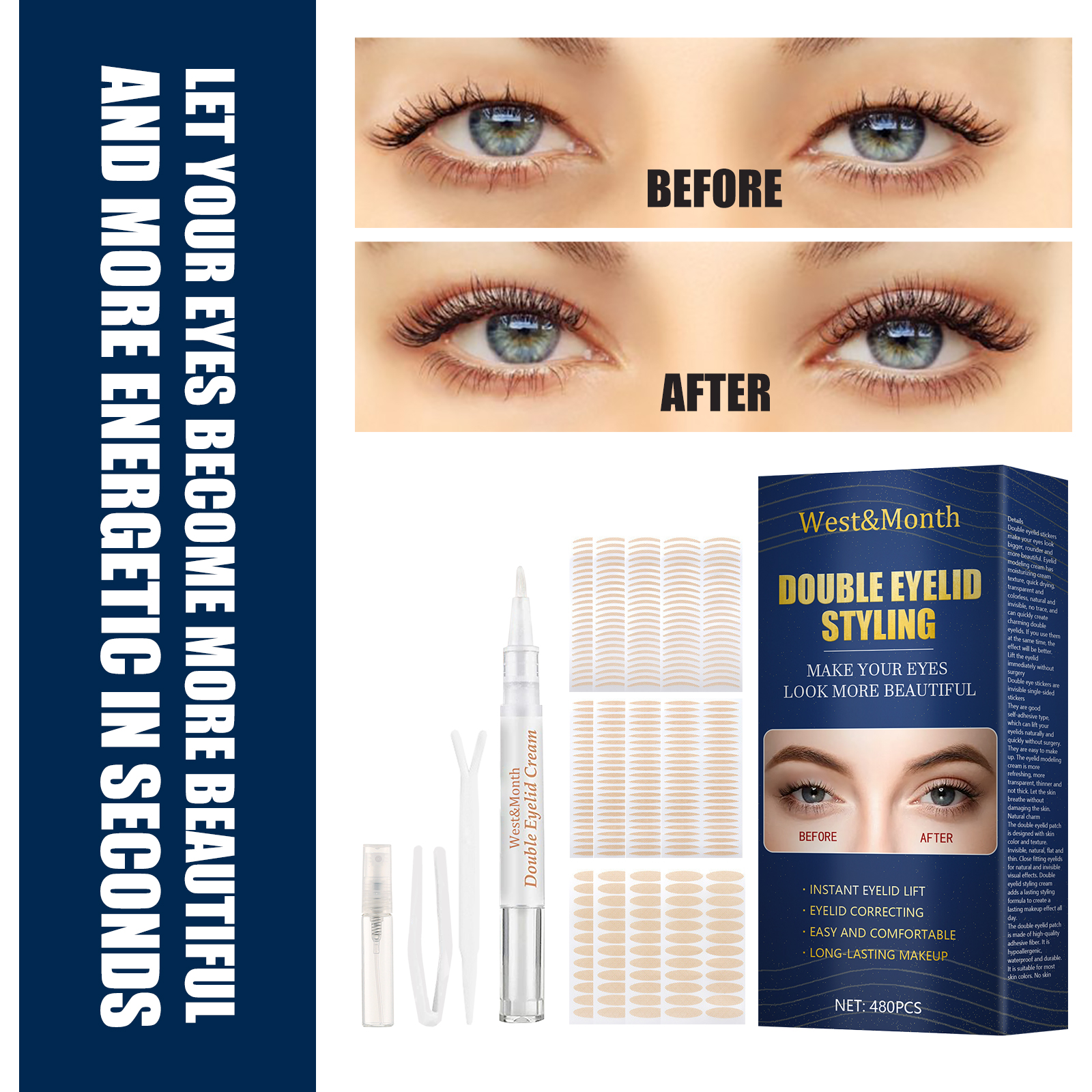 West&Month Double Eyelid Styling, Invisible Glue-free Natural Mesh Is Sticky When It Meets Water Lace Olive Type - Image 4