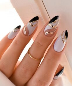 Almond-shaped French edge manicure, mandarin duck color gold corrugated fake nails finished product