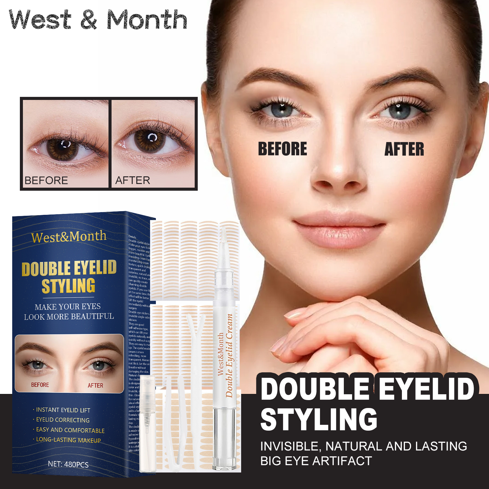 West&Month Double Eyelid Styling, Invisible Glue-free Natural Mesh Is Sticky When It Meets Water Lace Olive Type - Image 3