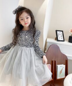 Alternative view of Free Hair Accessories Plush Sequin Dress Girl's Long Sleeve Puffy Dress Fairy Princess Dress