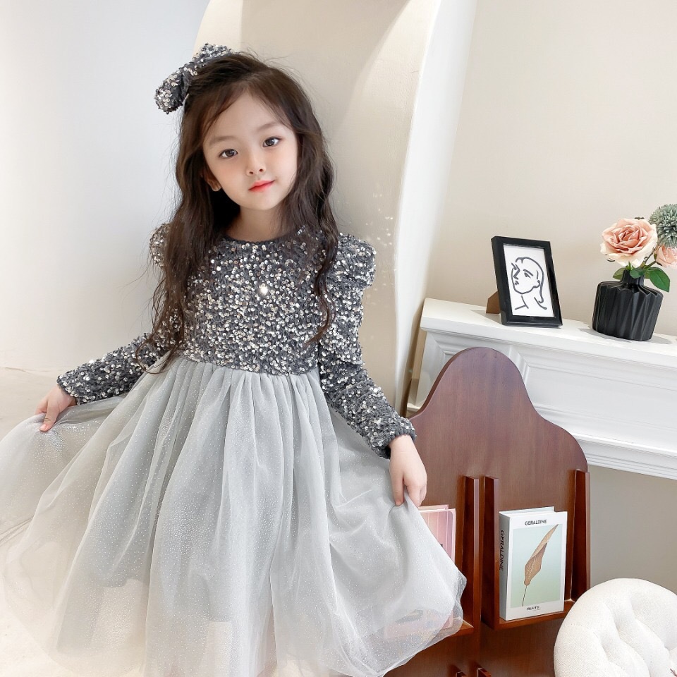 Free Hair Accessories Plush Sequin Dress Girl's Long Sleeve Puffy Dress Fairy Princess Dress - Image 2