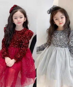 Free Hair Accessories Plush Sequin Dress Girl's Long Sleeve Puffy Dress Fairy Princess Dress