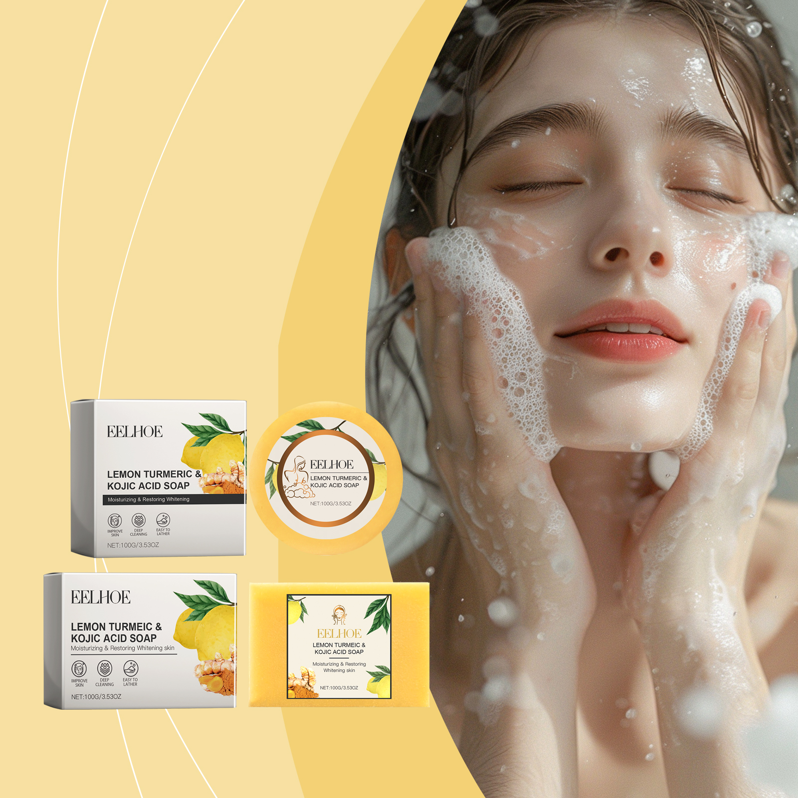 EELHOE Lemon Turmeric Acid Soap, Gently Cleanses, Moisturizes And Brightening Skin Square Cleanser - Image 3