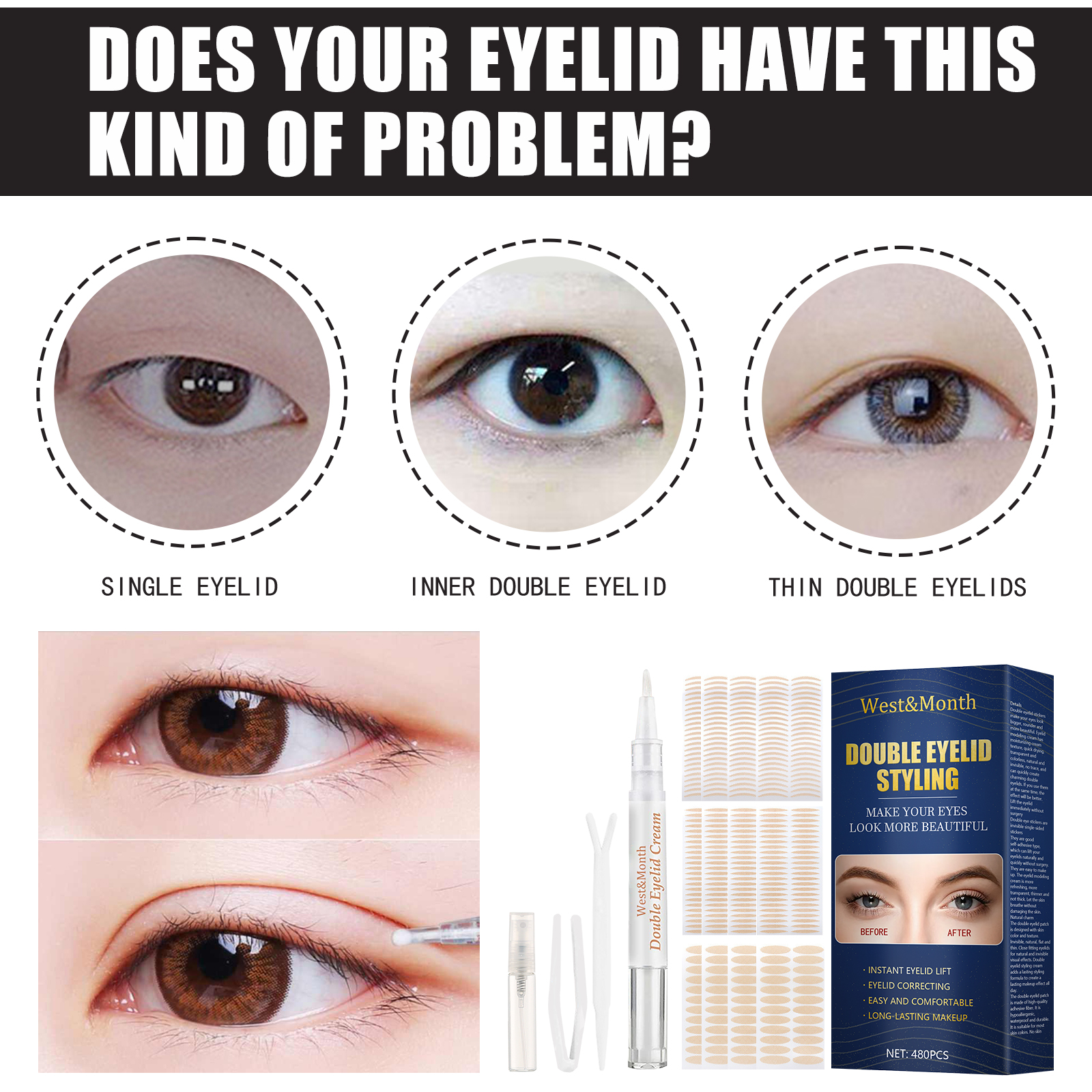 West&Month Double Eyelid Styling, Invisible Glue-free Natural Mesh Is Sticky When It Meets Water Lace Olive Type - Image 5