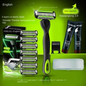 English manual safety razor for men with 5-blade system, classic non-electric shaving set with foam and shaving cream