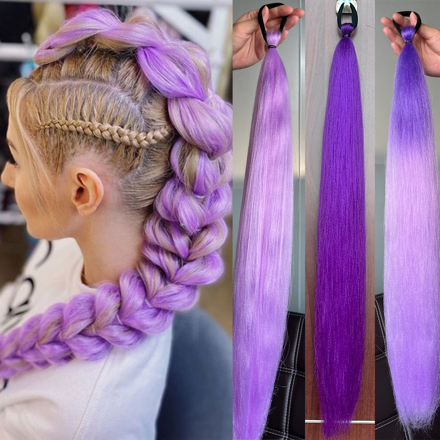 2-piece set of girls’ rubber band ponytail wig boxing braid colorful elastic rope braid ponytail wig hair extensions