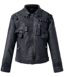 Subcultural punk motorcycle vintage black leather jacket for women