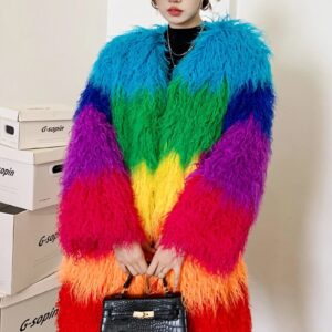 Alternative view of Niche Rainbow Winter Faux Fur Coat Loose Splicing Contrast Color Long Jacket Shaggy Outerwear Women's Clothing Free Shipping