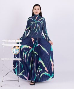New Fashion Miyake Pleated Suit Women's Summer New Fashion Printing Large Free Size Slim Top&Skirt 2 Pcs Set