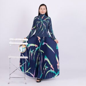 New Fashion Miyake Pleated Suit Women's  Summer New Fashion Printing  Large Free Size Slim Top&Skirt 2 Pcs Set