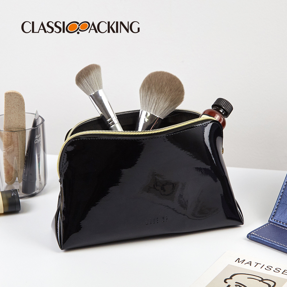 Simple Black Cosmetic Bag Waterproof Mirror Leather Material Wash Bag Multi-Functional Large Capacity Cosmetic Storage Bag - Image 3