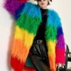 Niche Rainbow Winter Faux Fur Coat Loose Splicing Contrast Color Long Jacket Shaggy Outerwear Women's Clothing Free Shipping