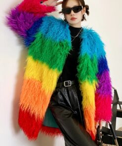 Niche Rainbow Winter Faux Fur Coat Loose Splicing Contrast Color Long Jacket Shaggy Outerwear Women's Clothing Free Shipping