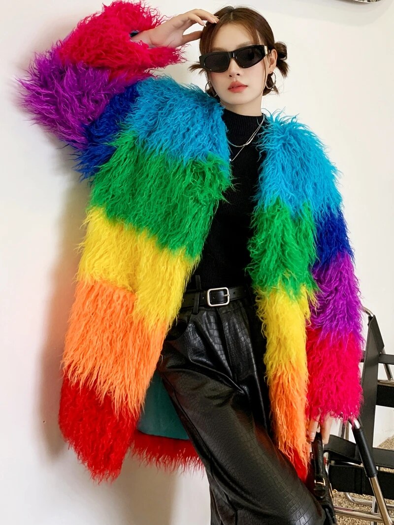 Niche Rainbow Winter Faux Fur Coat Loose Splicing Contrast Color Long Jacket Shaggy Outerwear Women's Clothing Free Shipping