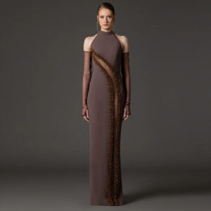 Alternative view of Mesh splicing perspective nail bead long dress