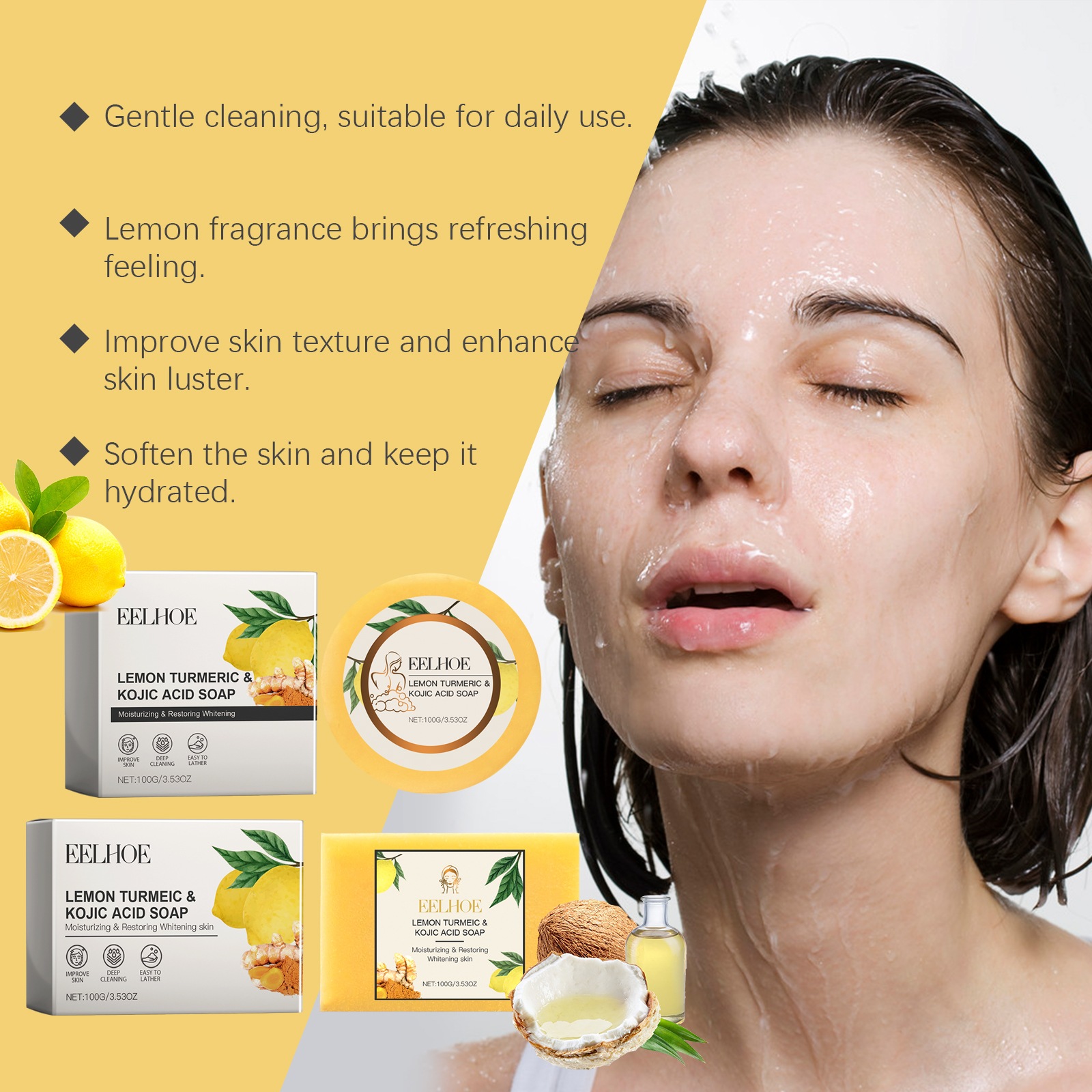 EELHOE Lemon Turmeric Acid Soap, Gently Cleanses, Moisturizes And Brightening Skin Square Cleanser - Image 4