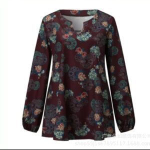 Alternative view of European and American women's top independent website Amazon AliExpress new printed V-neck shirt shirt for women