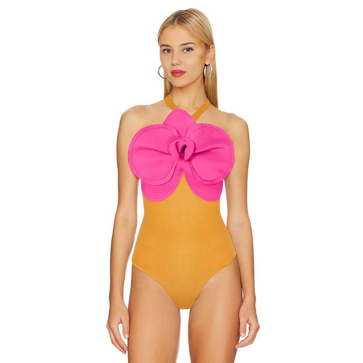 Sexy Women's Swimsuit Set Street Style Casual Slim Flower Shoulder Wire Free Solid Swimwear Same Style High Waist Swim Trunks