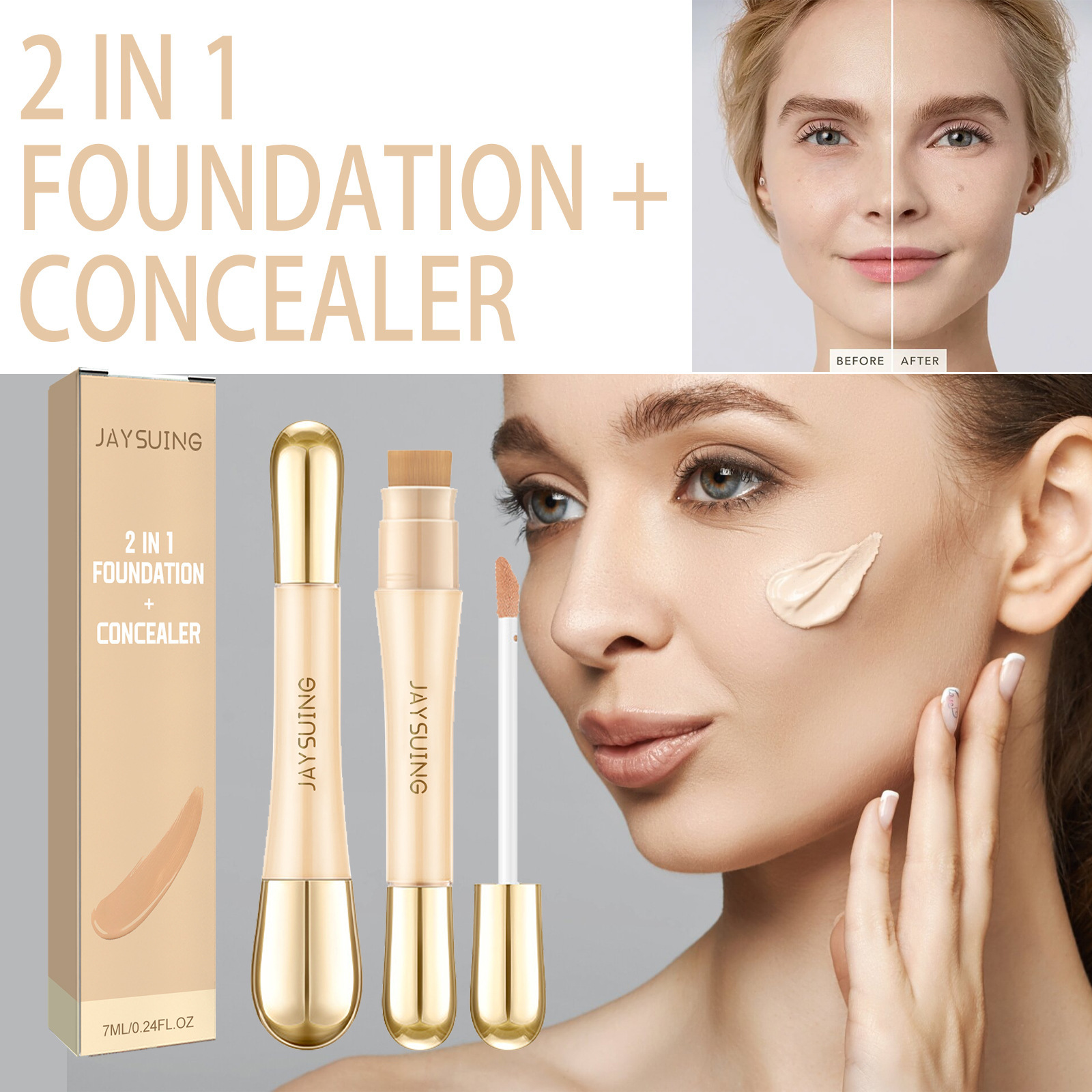 2 In 1 Foundation + Concealer, Blemish Print Natural Concealer Long-Lasting Makeup Invisible Pore Concealer - Image 2
