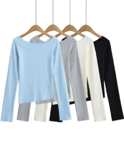 Alternative view of One neck slanted shoulder, off shoulder elastic slim fit top