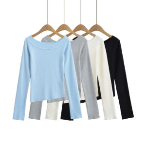 Alternative view of One neck slanted shoulder, off shoulder elastic slim fit top