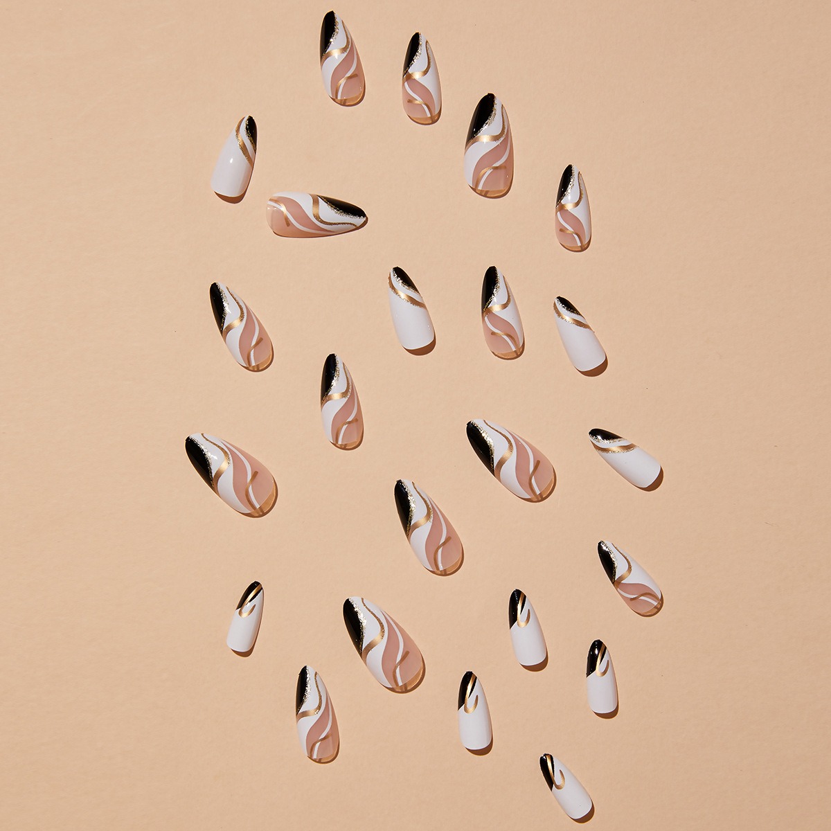 Almond-shaped French edge manicure, mandarin duck color gold corrugated fake nails finished product - Image 5