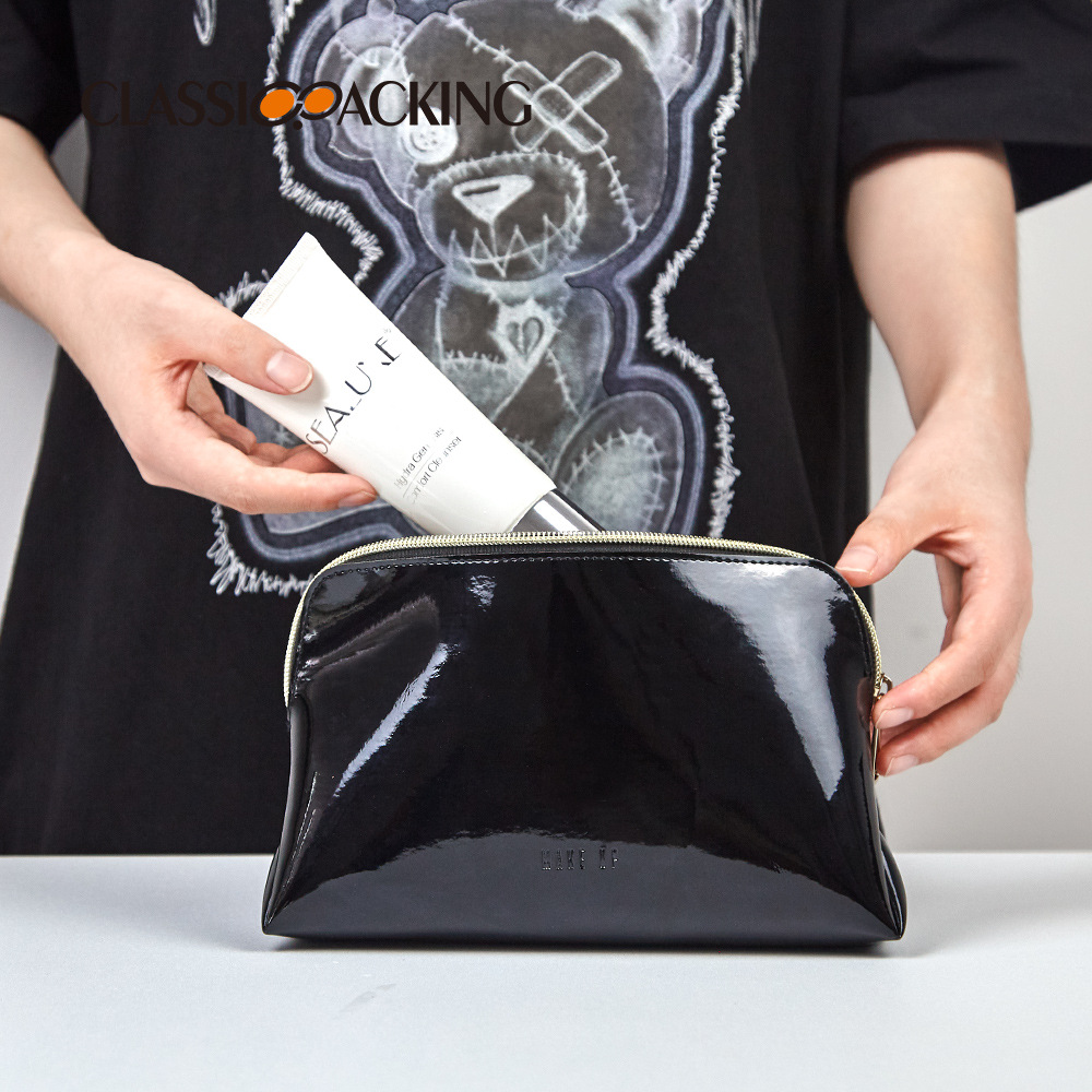 Simple Black Cosmetic Bag Waterproof Mirror Leather Material Wash Bag Multi-Functional Large Capacity Cosmetic Storage Bag - Image 4