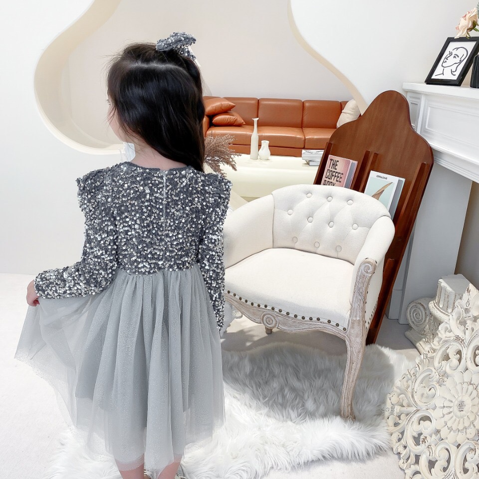 Free Hair Accessories Plush Sequin Dress Girl's Long Sleeve Puffy Dress Fairy Princess Dress - Image 3