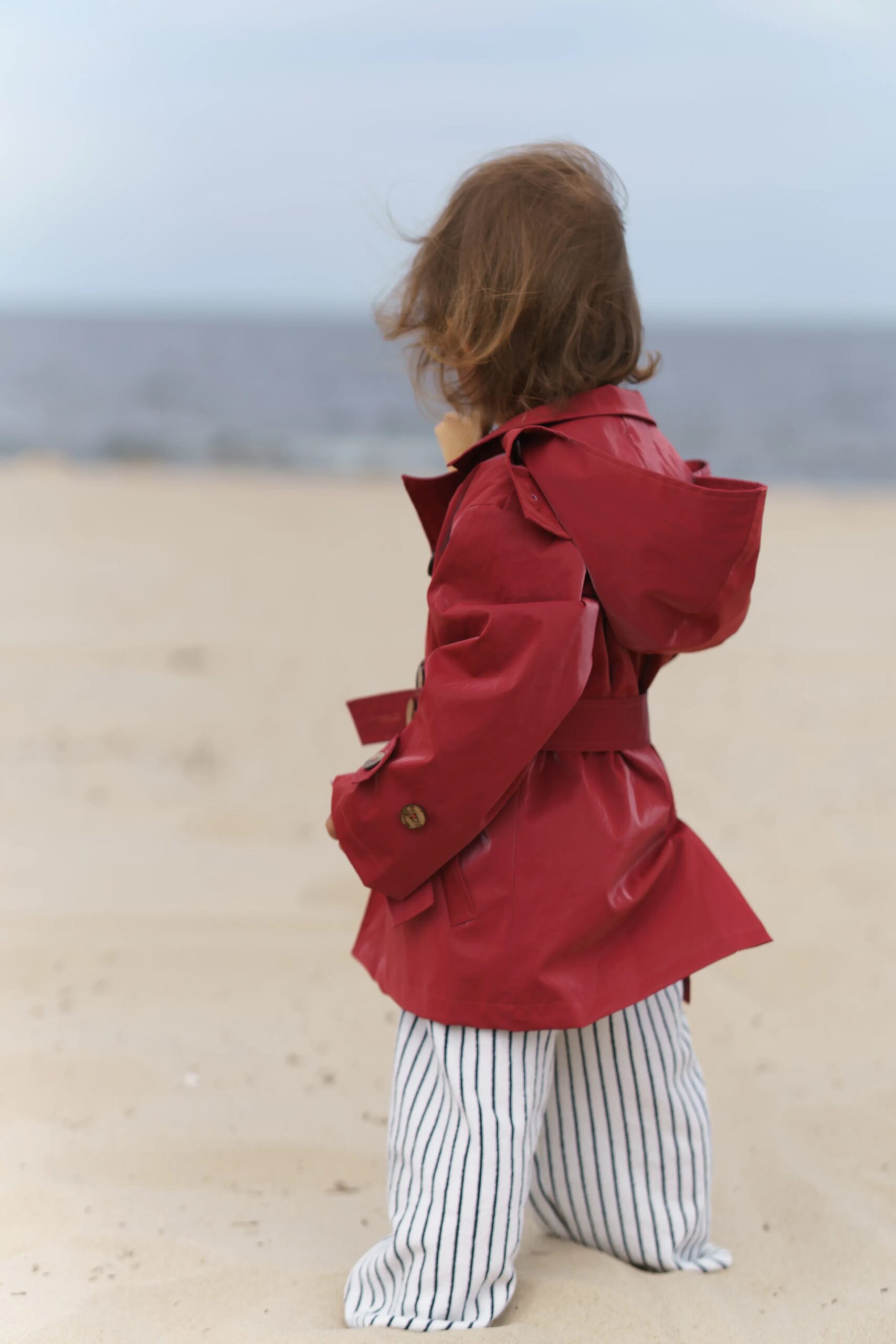 Kid's Trench Coat - Burgundy Red - Cotton - Image 5