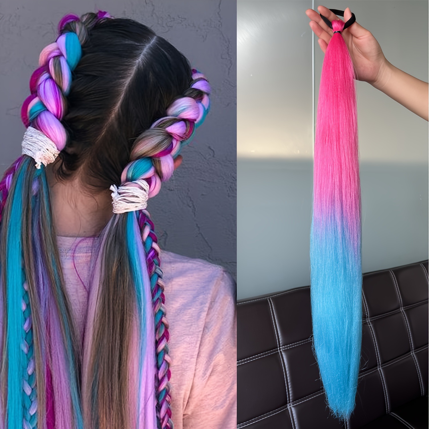 2-piece set of girls' rubber band ponytail wig boxing braid colorful elastic rope braid ponytail wig hair extensions - Image 2