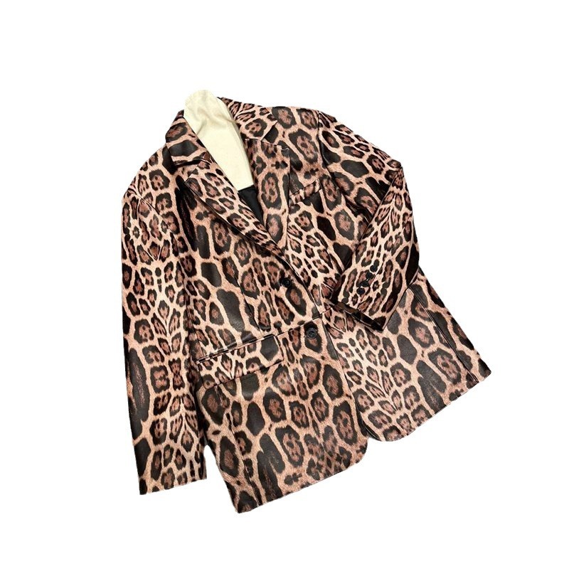 Explosive leopard print fashion genuine leather sheepskin high-end feeling slim fit suit design sense loose and versatile top - Image 3