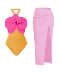 Alternative view of Sexy Women's Swimsuit Set Street Style Casual Slim Flower Shoulder Wire Free Solid Swimwear Same Style High Waist Swim Trunks