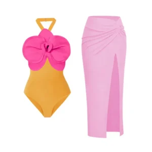 Alternative view of Sexy Women's Swimsuit Set Street Style Casual Slim Flower Shoulder Wire Free Solid Swimwear Same Style High Waist Swim Trunks