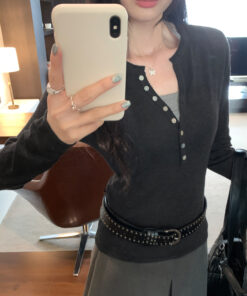 Alternative view of Henry Neck Long Sleeve Inner Layer Women's T-Shirt,  Slim Fit, Charming Half-Open Collar Top