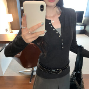 Alternative view of Henry Neck Long Sleeve Inner Layer Women's T-Shirt,  Slim Fit, Charming Half-Open Collar Top