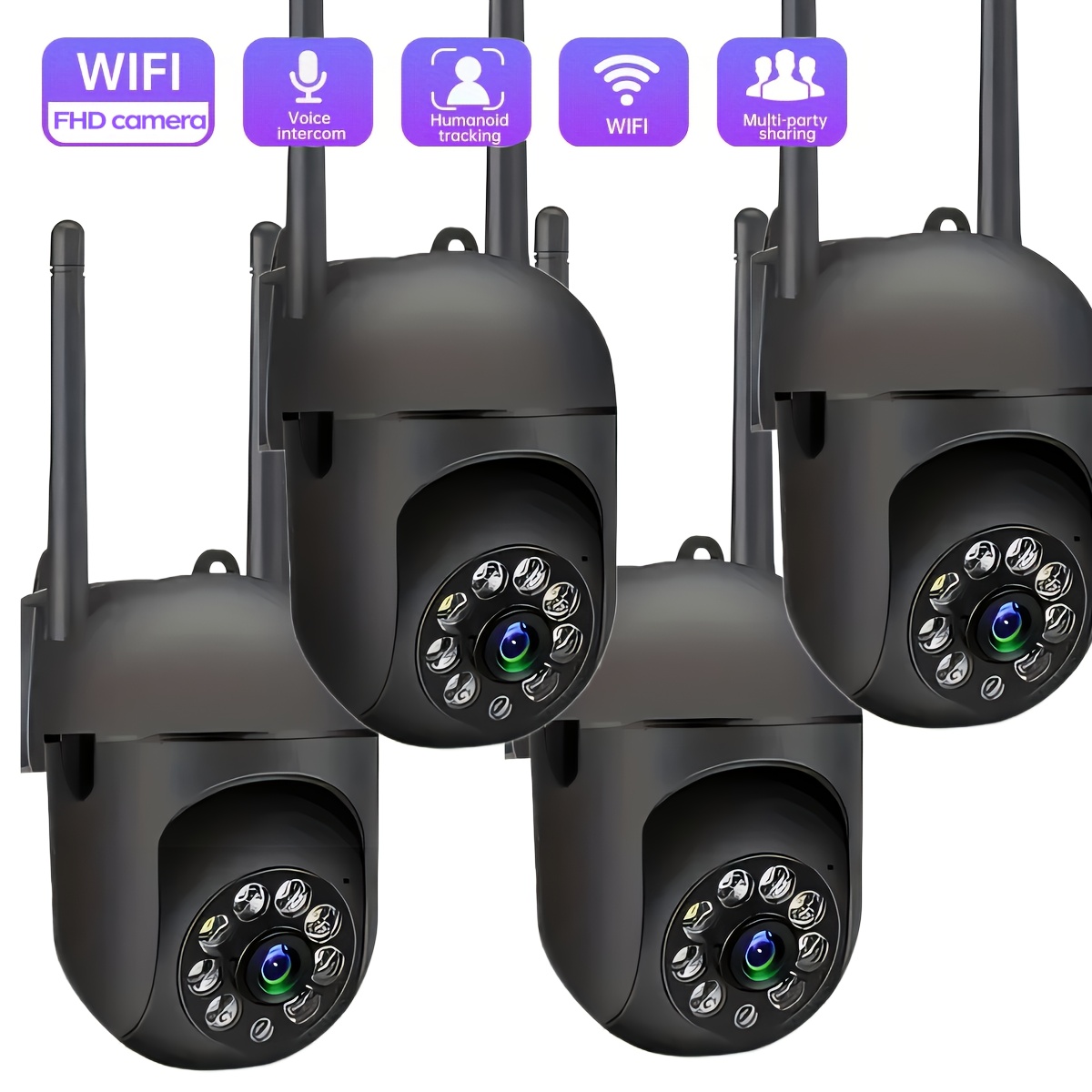 4 Units of 360° Pan-tilt Wireless Cameras with 1080P Full HD Video | USB Power Supply Design for Easy Installation | 24-hour Full-color Night Vision + Human Shape Detection + Two-way Intercom | 2.4G WiFi Home Monitor + Mobile Alarm