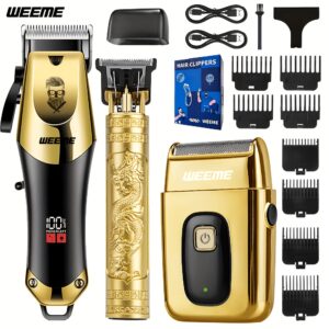Alternative view of WEEME 3pcs Men's electric hairdresser set, hairdresser hairdresser set, household electric hairdresser set, USB charging electric hairdresser, alloy knife head, LCD display, carving shape, household car travel use, Father's Day gift