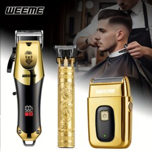 WEEME 3pcs Men's electric hairdresser set, hairdresser hairdresser set, household electric hairdresser set, USB charging electric hairdresser, alloy knife head, LCD display, carving shape, household car travel use, Father's Day gift