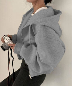 Alternative view of 2023 Herbst/Winter Neues Produkt aus Fleece – vielseitiger, kurzer, schmaler Reißverschluss, warmer, einfarbiger Kapuzenpullover für Frauen
