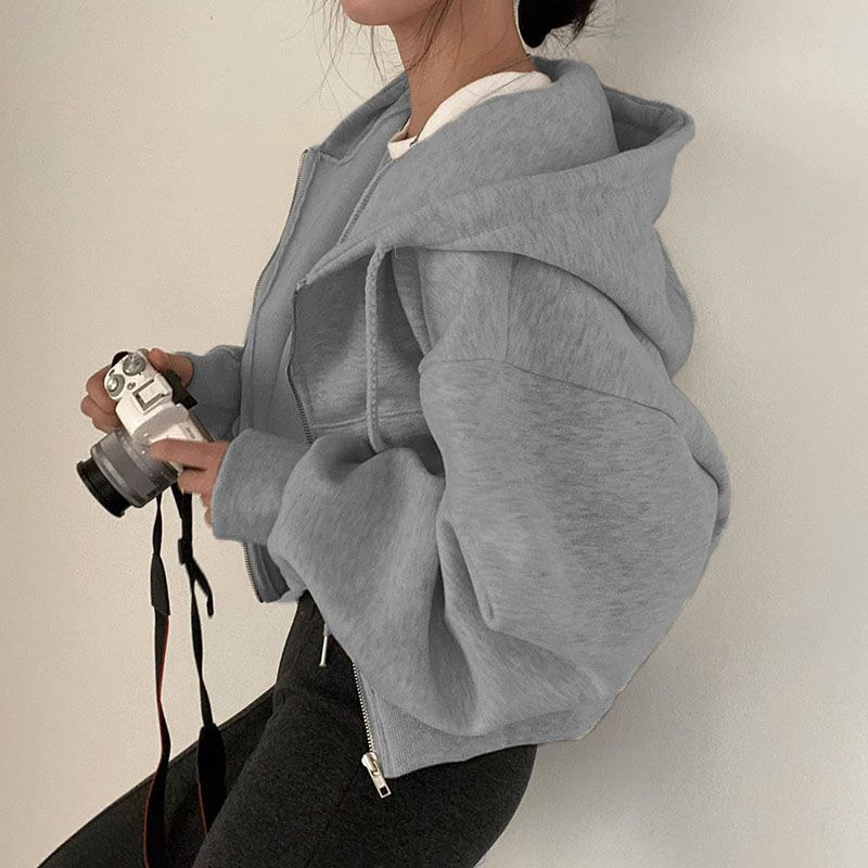 2023 Herbst/Winter Neues Produkt aus Fleece – vielseitiger, kurzer, schmaler Reißverschluss, warmer, einfarbiger Kapuzen