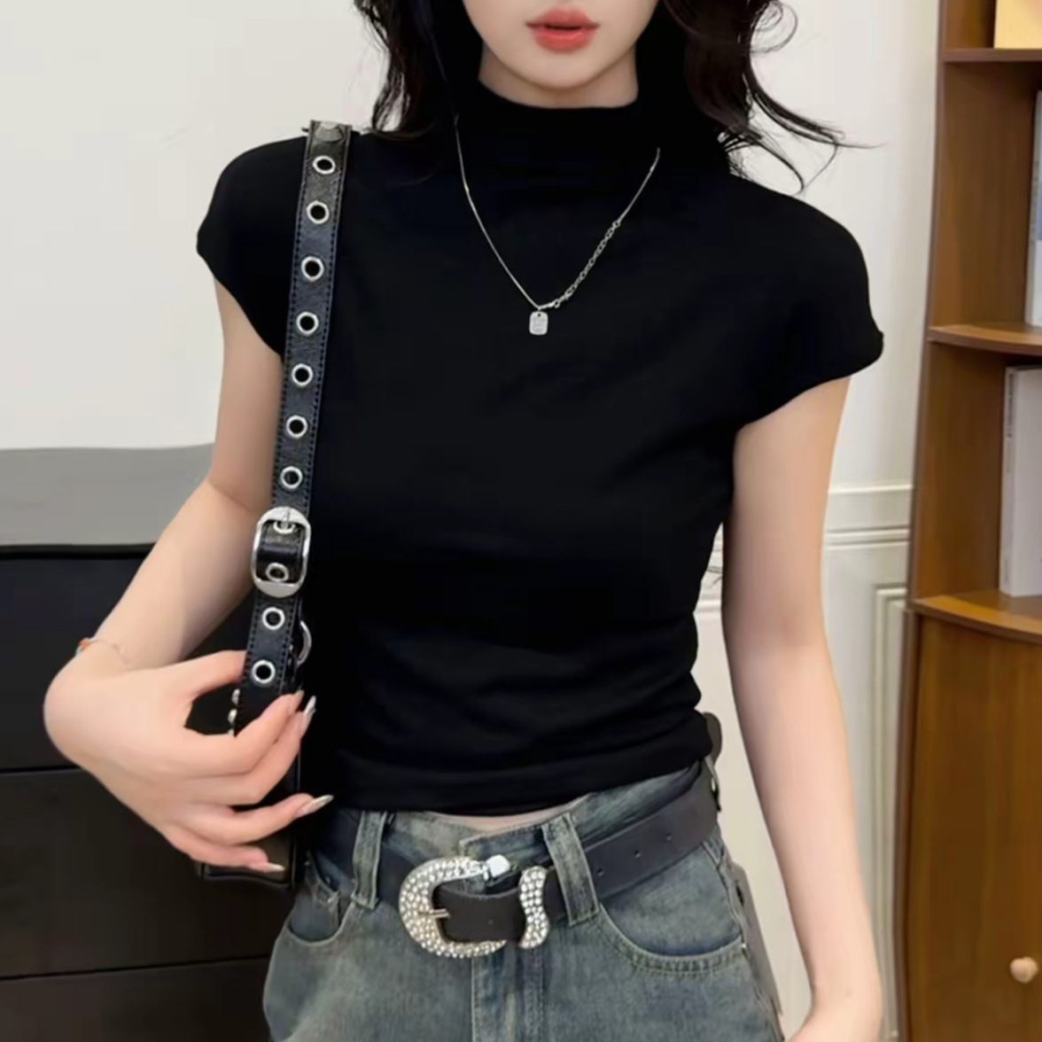 2025 Halb Halsausschnitt Kurzärmel-T-Shirt für Frauen, einfarbiges koreanisches Slimming Frühherbst-Basislage, Innenoberteil zum Schlanken - Image 4