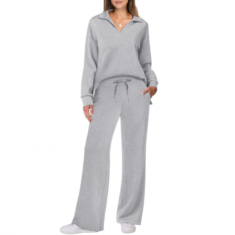 Amazon Europäischer und amerikanischer Frühling & Herbst Neue Mode Freizeit Damen mit Langarm, Kordelzug Einfarbiges Pendler-Langhosen-Set - Image 4