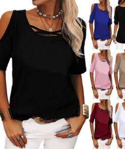 2023 Frühling/Sommer europäisches und amerikanisches grenzüberschreitendes Amazon WISH Damenmode Casual Einfarbiges schulterfreies lockeres kurzärmeliges T-Shirt