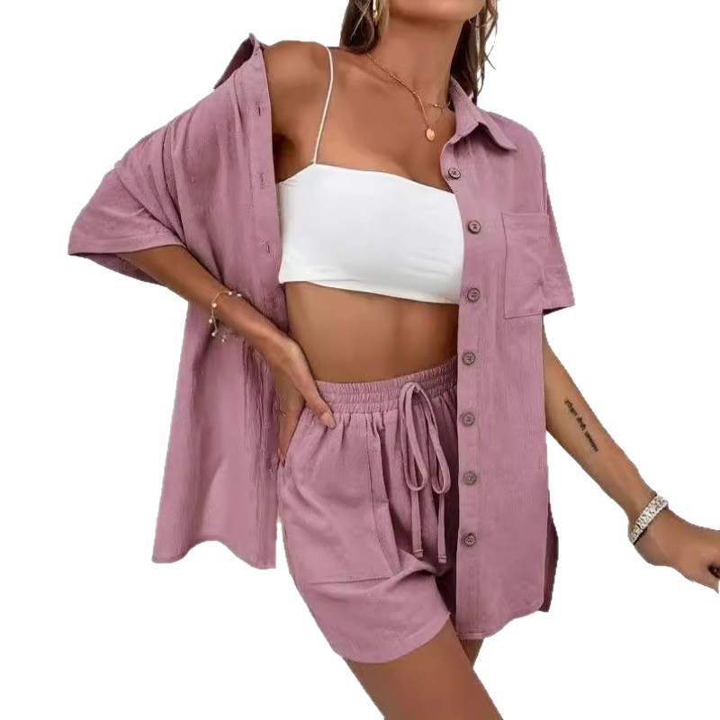 2026 Grenzüberschreitende AliExpress Fashion Shorts 2026 Zweiteiliges Einfarbiges Hemdset Damen Freizeit locker kurzärmelige Kurzärmel mit einer Reihe - Image 5